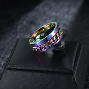 Rainbow spinner ring with rotating chain and Roman numeral engraving in titanium steel