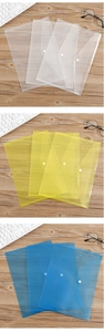 Three groups of A4 translucent plastic folders in white, yellow, and blue with snap buttons