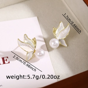Detail view of butterfly pearl earrings with dimensions 2.5cm by 1.7cm and weight specs