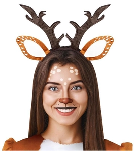 Detail of plush brown reindeer antlers and orange spotted ears on a soft headband