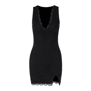 Detailed view of black lace fabric and intricate floral patterns on sleeveless dress