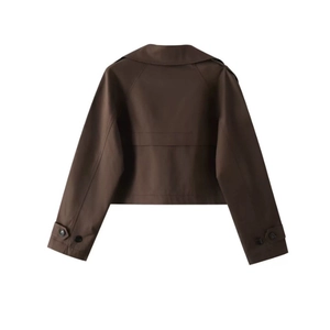 Deep brown cropped trench coat for women featuring a double-breasted collar and wind flap back