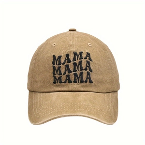Detailed embroidery of MAMA text on washed cotton khaki baseball cap with stitching