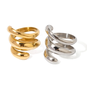 Three-layer 18k gold and silver stainless steel spiral rings with polished finish