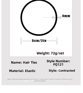 Detailed size chart for elastic hair ties showing 4mm thickness and 5cm diameter