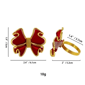 Elegant red and gold bow napkin ring showing front and side views with precise dimensions