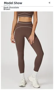 Detail of white contrast stitching on a dark chocolate brown high-waist yoga set