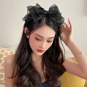 French vintage black mesh bow headband with layered organza for a sweet elegant style