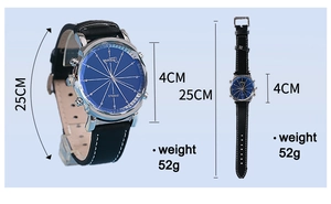 Detailed specs of men's black leather watch with 4cm blue dial and 25cm band length