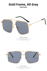 Front and side views of gold double-bridge irregular aviator sunglasses with gray lenses