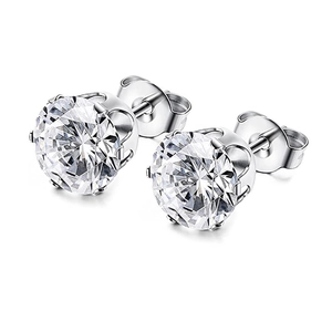 Close-up of classic silver-tone six-prong stud earrings with brilliant round-cut cubic zirconia