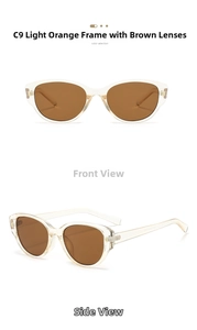 Détails des lunettes de soleil œil de chat orange clair avec verres thé, vue de face et profil