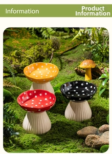 Detailed view of mushroom-shaped ceramic pet bowls with polka dots in a natural setting