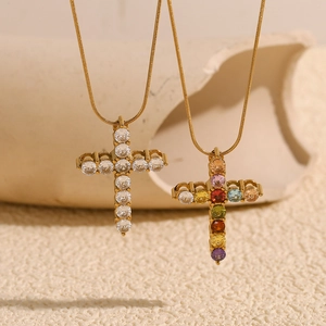 18K gold plated stainless steel cross necklaces with clear and colorful crystal snake chains