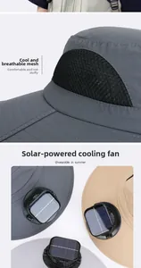 Close-up of solar panel and breathable mesh on waterproof outdoor fan sun hat