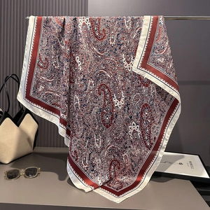 Classic paisley print satin silk square scarf in red and navy for elegant women styling