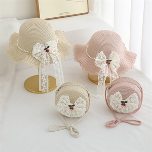 Summer girls straw sun hat and matching bag set with lace bows and pearl beads