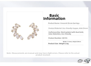 Detail specifications of crescent zircon earrings with dimensions 11.5mm by 20mm