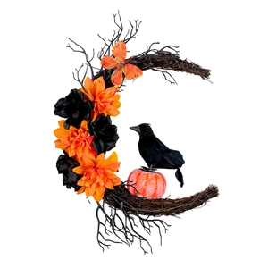 Couronne d'Halloween en forme de croissant avec citrouille, corbeau et fleurs oranges