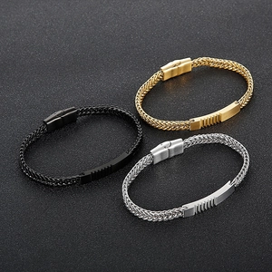 Stainless Steel Men Woven Wheat Chain Bracelet With Brushed Metal Plate Punk Hip Hop Style Personalized Jewelry
