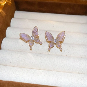 Elegant lavender butterfly stud earrings with gold plating and sparkling zircon stones