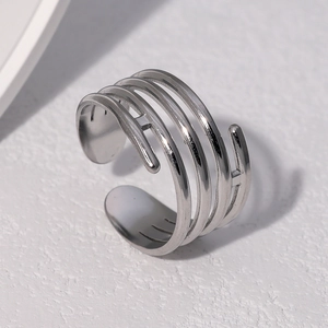 Polished silver multilayer wrap ring with minimalist adjustable stainless steel open design