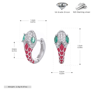 Detail view of S925 sterling silver snake hoop earrings with red enamel and size specs