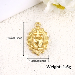 Macro view of 18k gold plated heart cross pendant with 2cm x 1.3cm size and weight specs