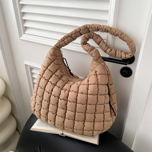 Khaki quilted puffer tote bag with a soft puffy texture and large capacity