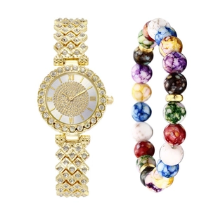 Fashionable gold rhinestone women's watch set with colorful beaded charm bracelet
