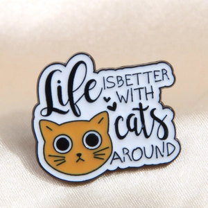Creative enamel cat brooch with Life Is Better With Cats Around slogan on silk