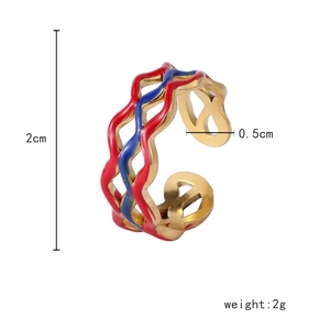 French vintage style water wave titanium steel ring with red and blue enamel coating