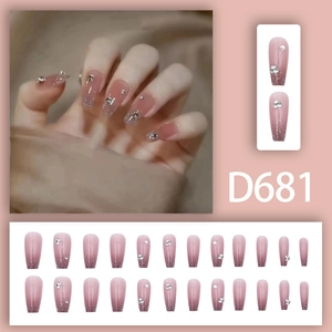 Pink gradient long coffin press-on nails set with glitter rhinestones and crystals