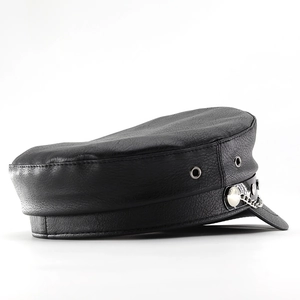 Detailed view of black PU leather military cap featuring lychee grain and metal chain
