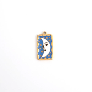 Vintage stainless steel enamel pendant with blue crescent moon and gold accents