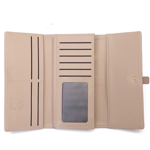 Beige trifold PU leather wallet for women with card slots and a side zipper pocket