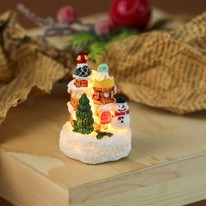 Luminous Christmas resin cottage with Santa and snowman on snowy base decor