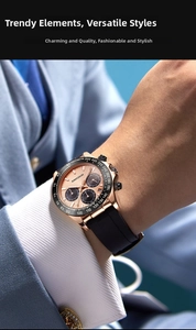 Detail of KIMSOUN rose gold chronograph watch with black rubber strap worn with a business suit
