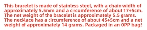 Detailed size chart for stainless steel link bracelet and necklace jewelry set