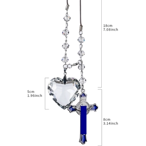 Crystal heart and blue enamel cross car mirror hanging accessory with size measurements