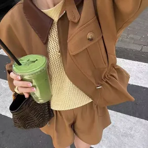 Damen Khaki Jacke Und Shorts Aus Polyester Mit Lederkragen Und Kordelzug An Der Taille Streetwear Mode