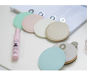 Creative stainless steel portable mirror in various pastel leather sleeves with ring