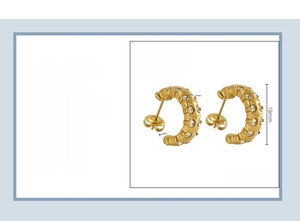 Detail view showing 18K gold plated stainless steel C-shaped earrings with inlaid zircons
