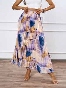 Close-up of high-waist pleated maxi skirt with purple and yellow abstract oil painting print