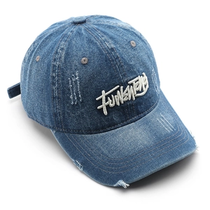 Vintage navy blue washed denim baseball cap with white Funkhead embroidery and distressed edges