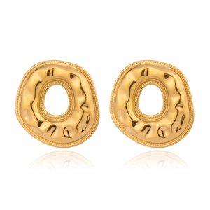 Golden irregular donut stud earrings with textured ripple finish and rope edges