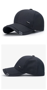 Detail of cotton baseball cap with Sport Fashion woven label and metal accent on the side