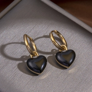 Chic gold-plated titanium steel heart drop earrings featuring black glossy heart charms