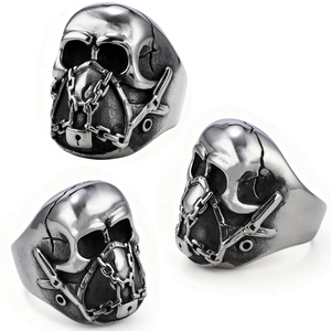 Skull Ring Stainless Steel Chain Lock Decor Punk Gothic Rock Jewelry For Men Vintage Retro Industrial Biker Style
