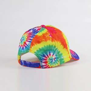 Detail view of colorful tie-dye baseball cap with adjustable strap and spiral pattern